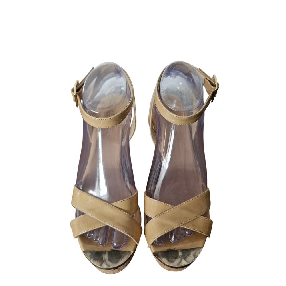 Jimmy Choo Nude Patent Leather Cork Wedge Sandals Ankle Strap Spain 38 Womens - Picture 3 of 9